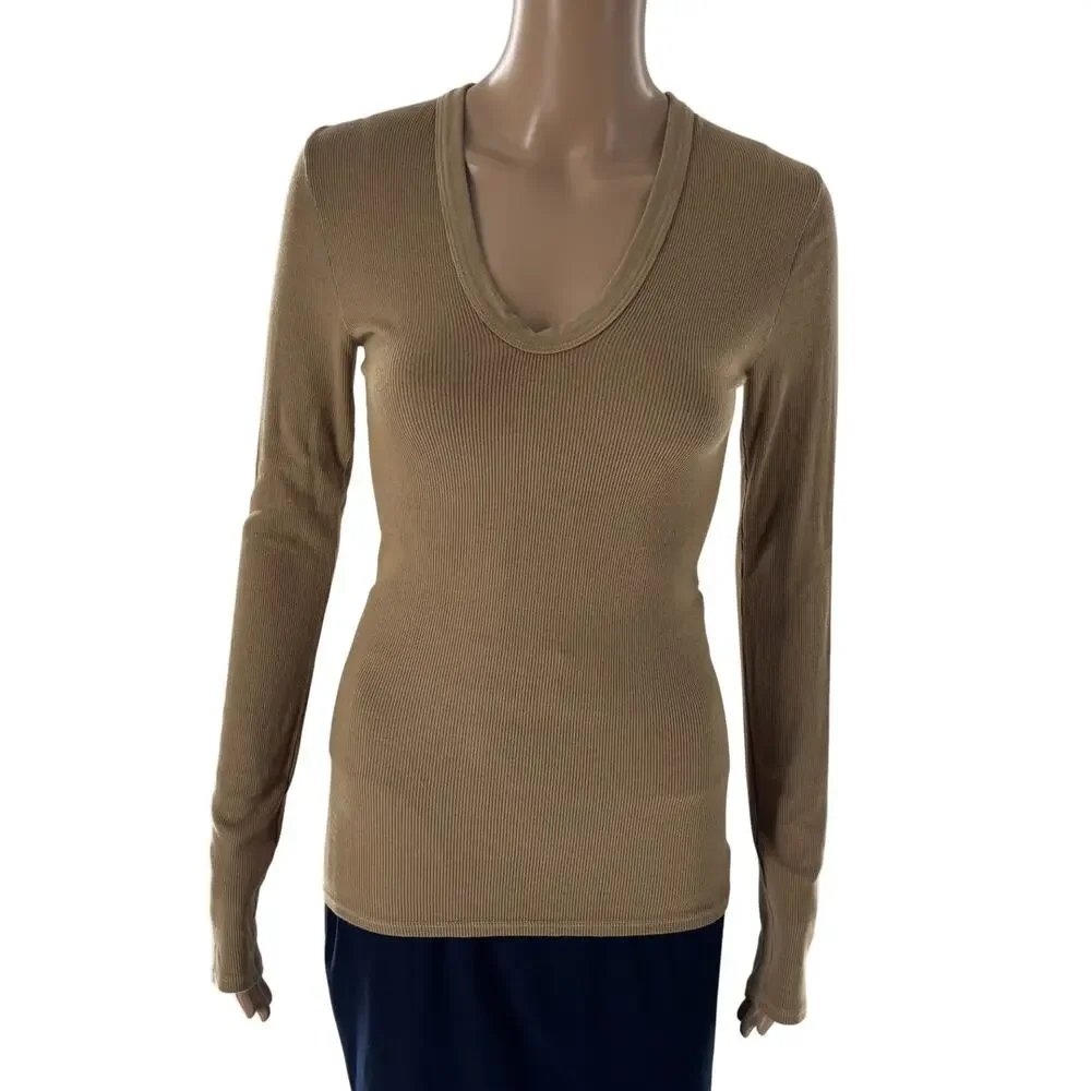 Enza Costa Sand Tan Ribbed U Neck Long Sleeve Top - Picture 4 of 10
